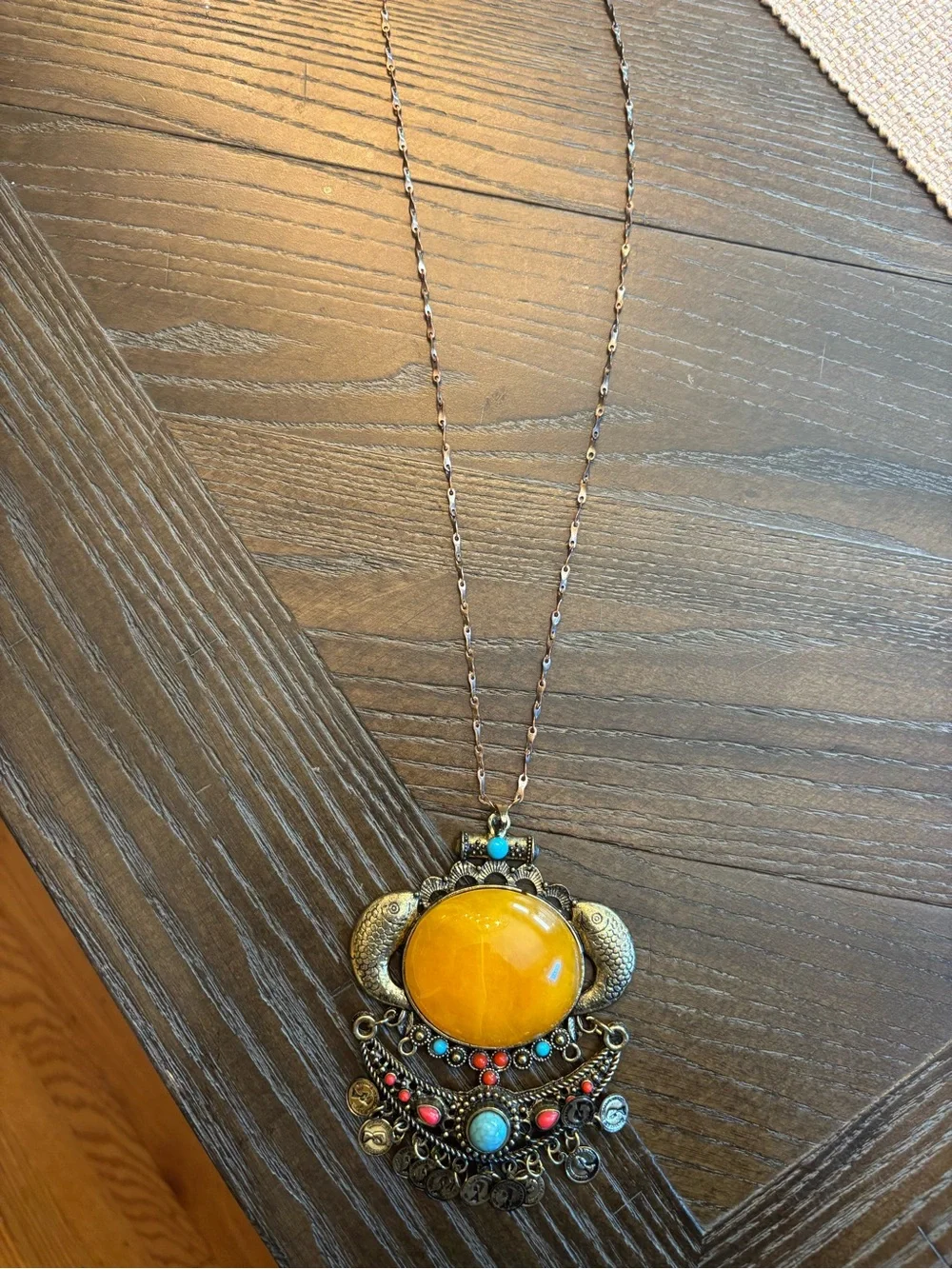 Bohemian Statement Pendant Necklace with Yellow Resin and Turquoise Accents